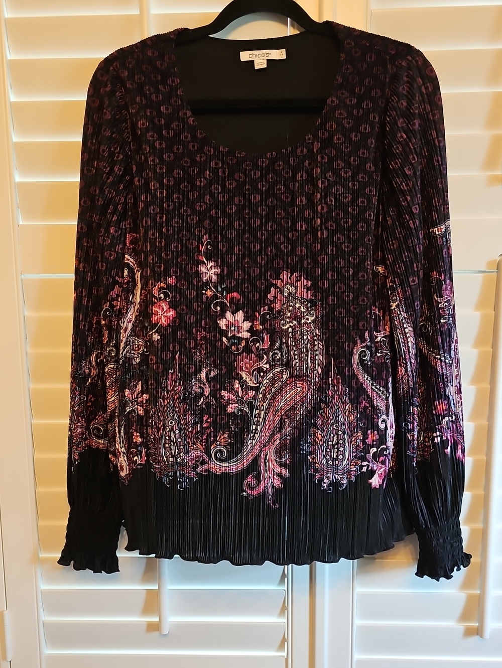 Chico's Black Blouse with Pink & Purple Paisley Print